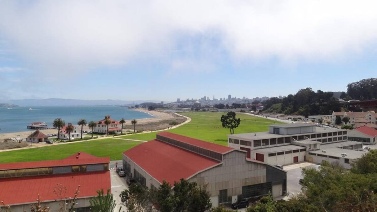 Panoramic view of a coastal landscape featuring palm trees, grassy areas, and city skyline in the background under a cloudy sky.