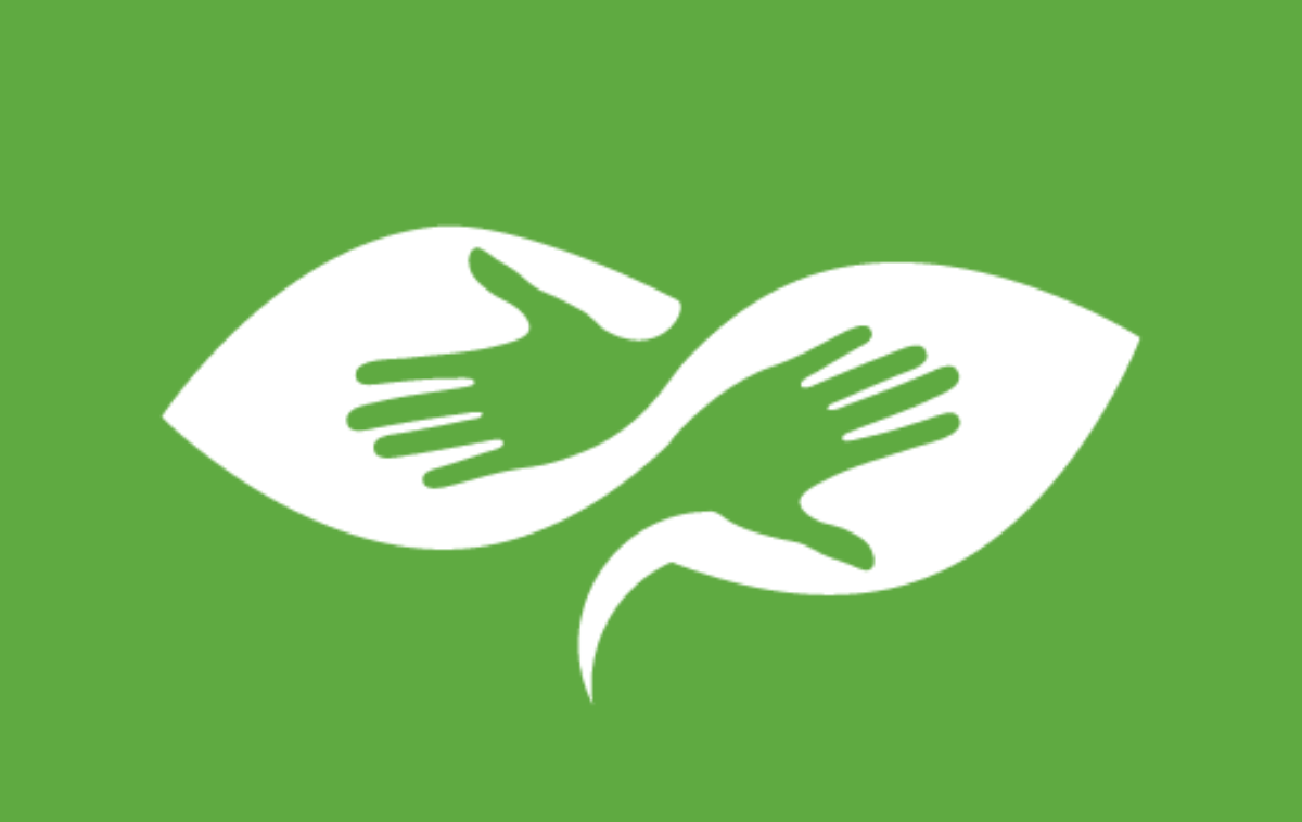 Two white hands emerging from stylized leaves on a green background, symbolizing nature, care, and environmental protection.