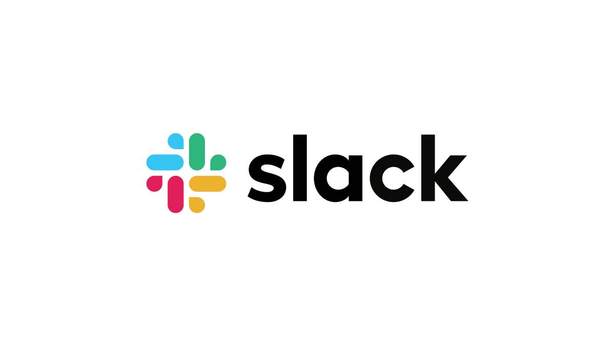Slack logo featuring a colorful icon with blue, green, yellow, pink segments next to the word slack in bold black font.