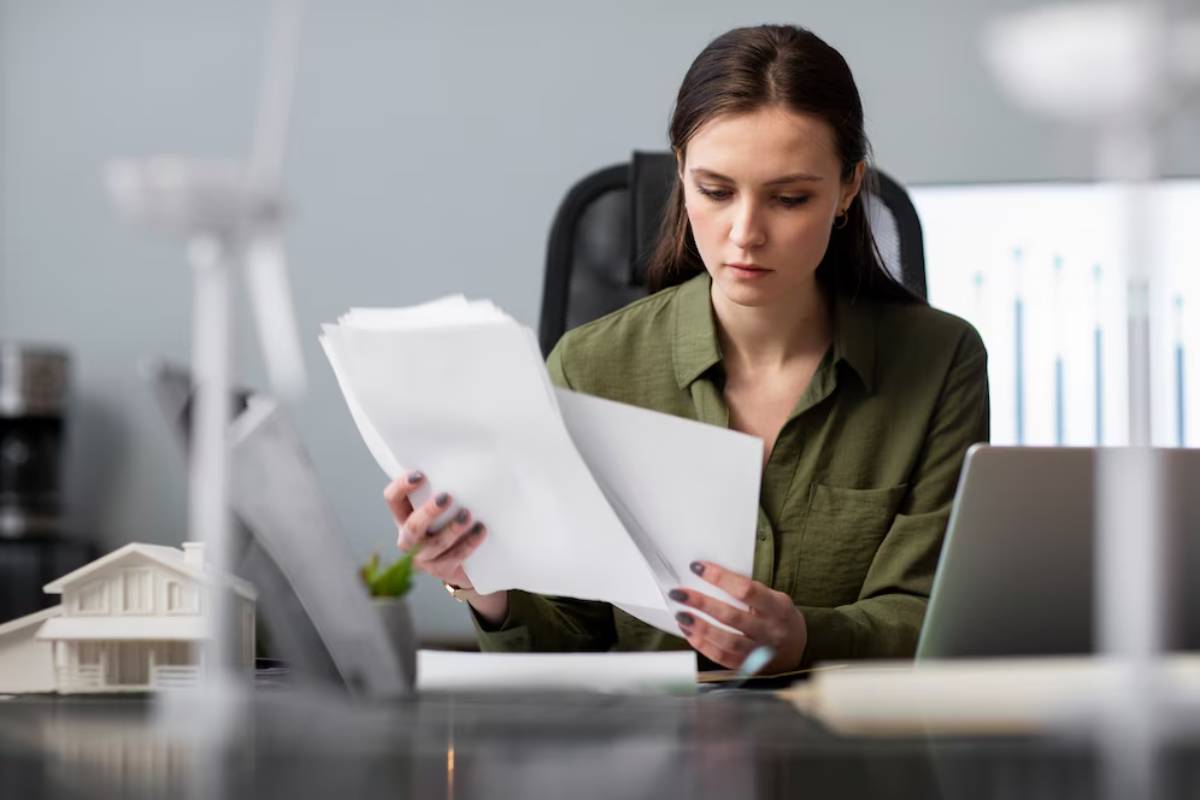 A person in a green shirt sits at a desk, reviewing documents with a laptop and a small house model nearby.