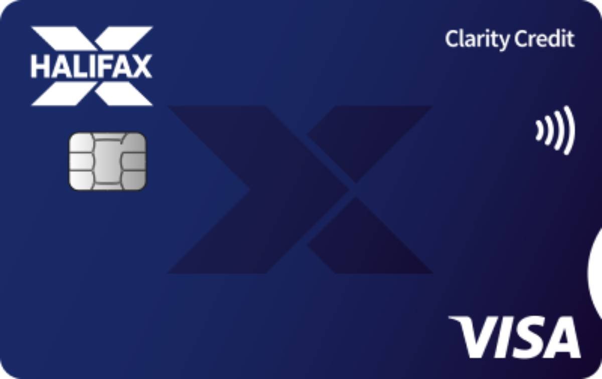 A blue Halifax Clarity Credit card featuring a chip, contactless payment symbol, and the Visa logo.