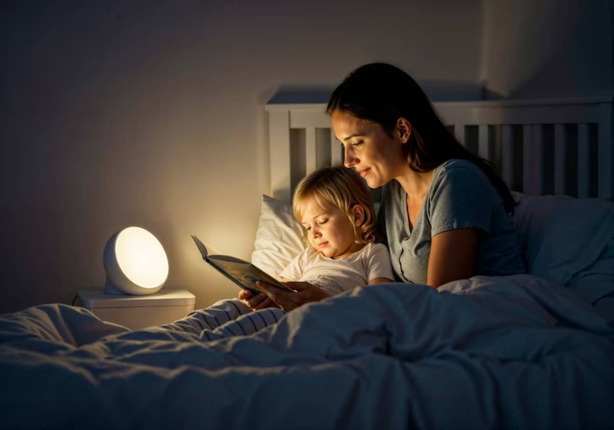 A woman and child read a book together in bed, illuminated by a soft bedside lamp, surrounded by cozy blankets in a dimly lit room.