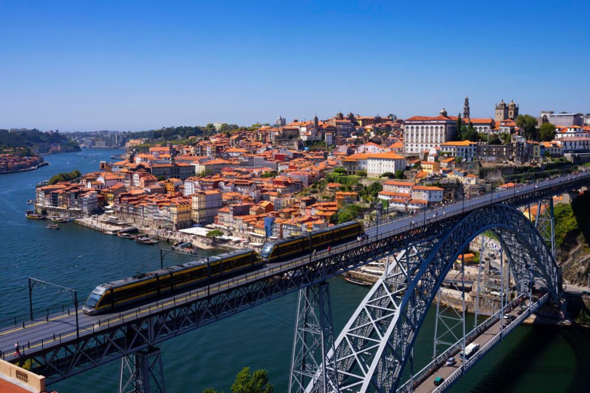 A scenic view of Porto, Portugal, featuring colorful buildings, the Douro River, and a train crossing the iconic Dom Luís I bridge under a clear blue sky.