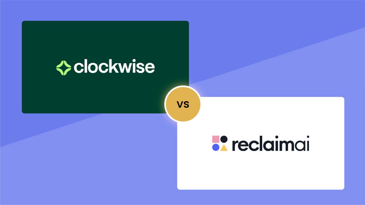 A graphic comparing the logos of Clockwise and Reclaimai against a light blue background, highlighting their competition.