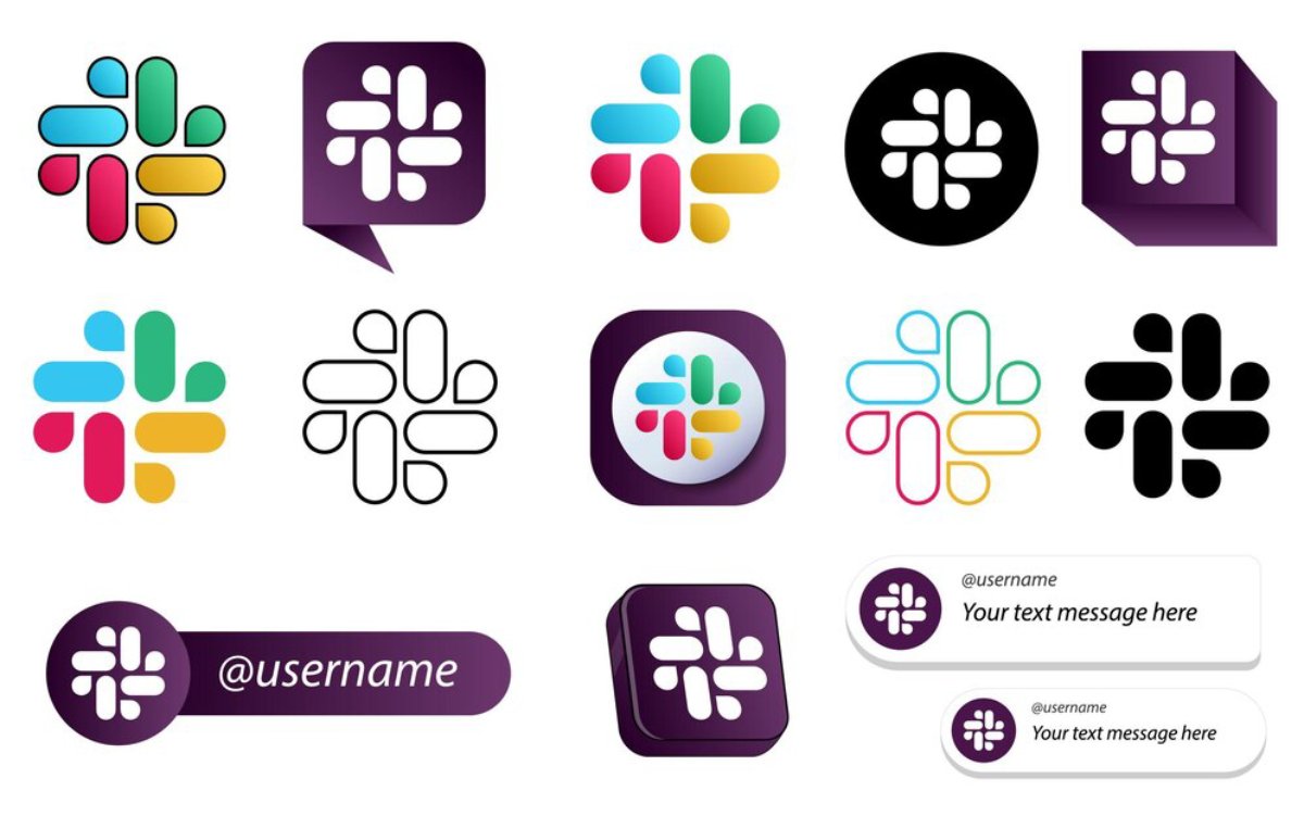 A collage of various Slack logos and icons in different colors and styles, including text message bubbles featuring usernames.