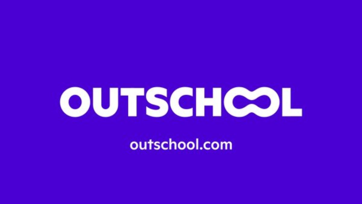 Logo of Outschool displayed on a vibrant purple background with the website URL outschool.com beneath the brand name.