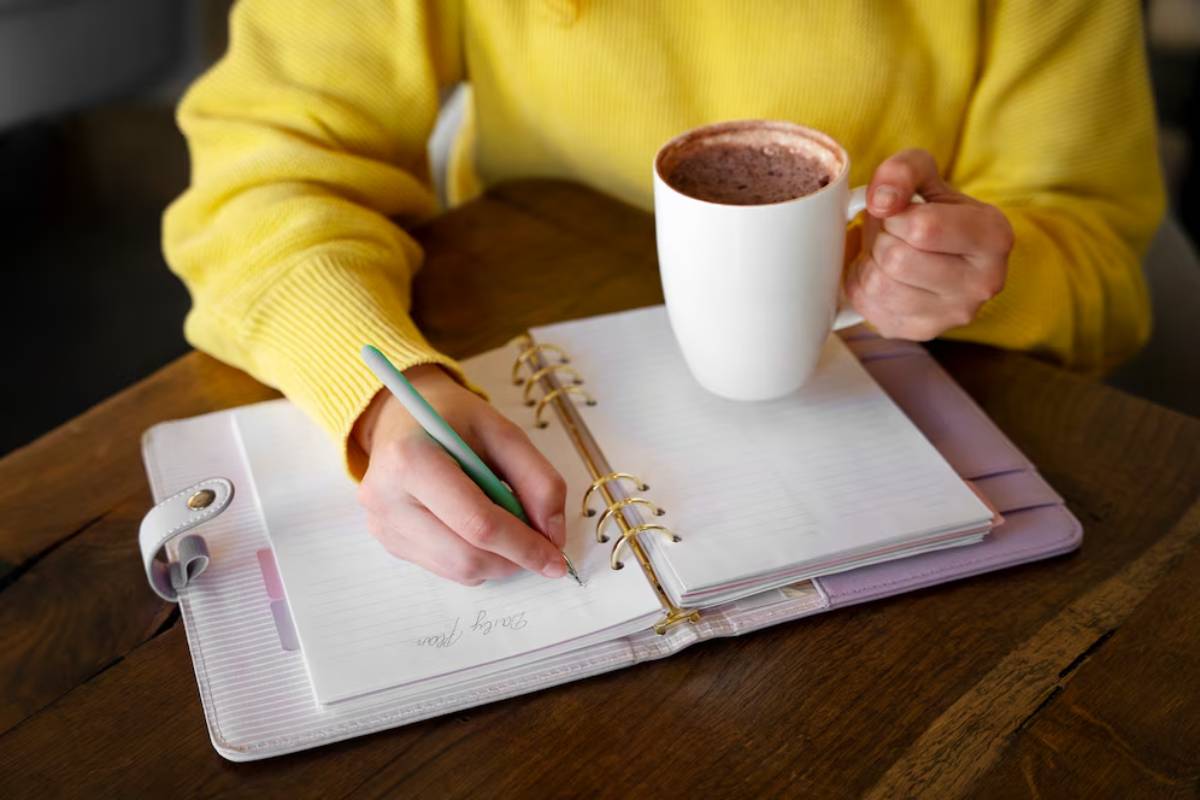 A person in a yellow sweater writes in a notebook while holding a white mug of hot beverage, sitting at a wooden table.