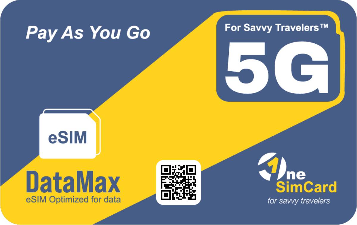 A blue and yellow eSIM card design promoting DataMax for savvy travelers, featuring Pay As You Go and 5G labels.