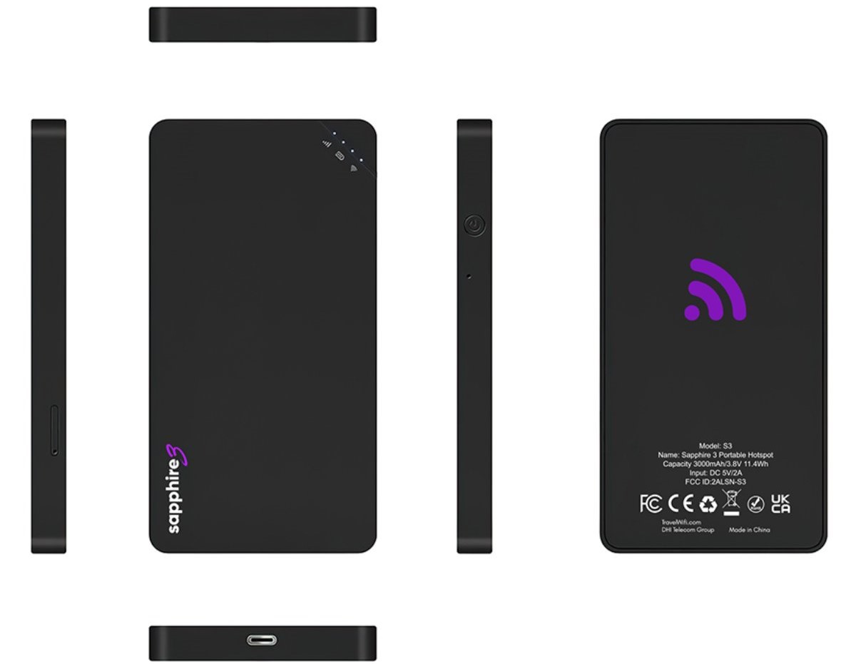 Black portable Wi-Fi hotspot device with a sleek design, displaying the logo sapphire3 and multiple ports, viewed from multiple angles.