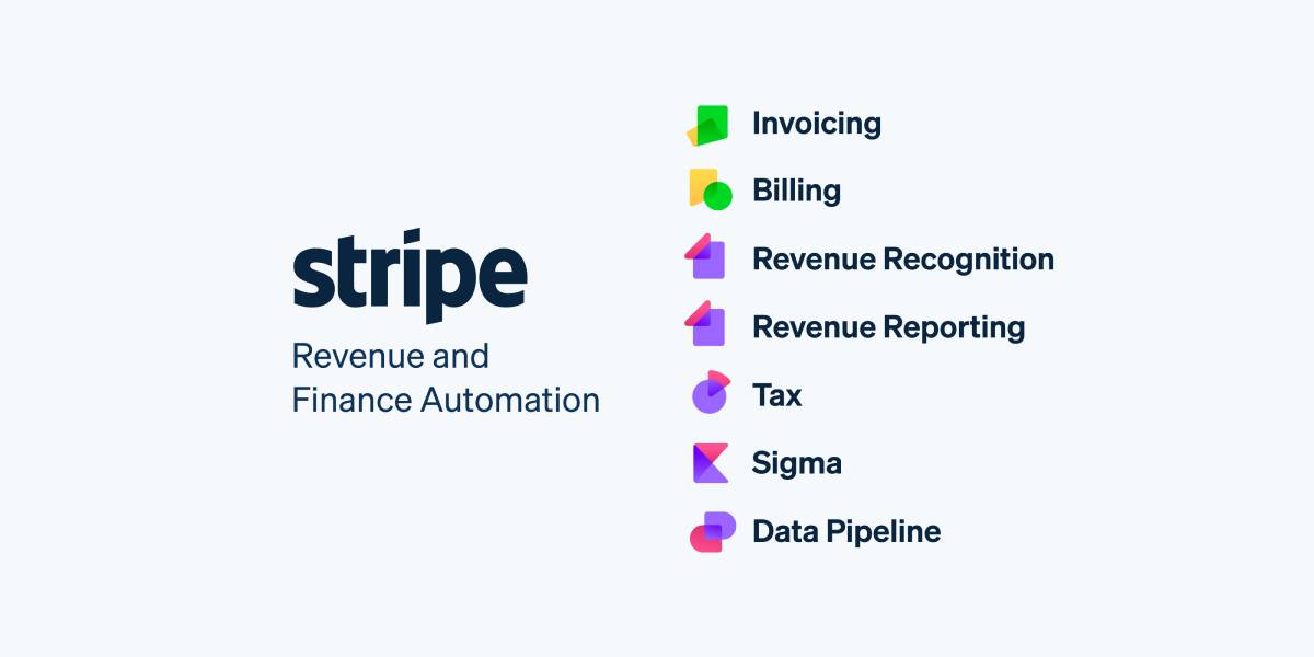 Logo of Stripe displaying Revenue and Finance Automation alongside icons for invoicing, billing, tax, and data services.