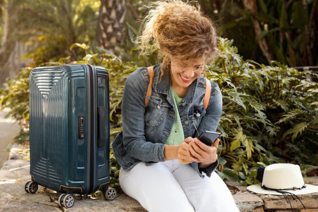 A woman with curly hair sits on the ground beside a teal suitcase, focused on her smartphone, surrounded by lush greenery.
