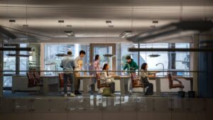 A group of students collaborates in a modern office setting, surrounded by bright natural light and contemporary furnishings.