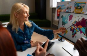 A woman gesturing towards a colorful world map on a computer screen, engaged in a discussion with two others.